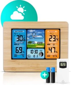 Clockity Weerstation Binnen En Buiten - Weerstation - Compact - Houten Frame - Weerstation Met Buitensensor - Tijd En Alarm Functie - Weerstation Draadloos Binnen Buiten - Inclusief Sensor, Batterijen & Oplader