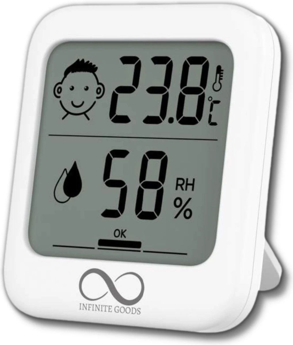 Infinite Goods Hygrometer - Digitale Weerstation - Luchtvochtigheidsmeter - Thermometer Voor Binnen - Vochtmeter - Magneten/Ophangoog - Incl. Batterij