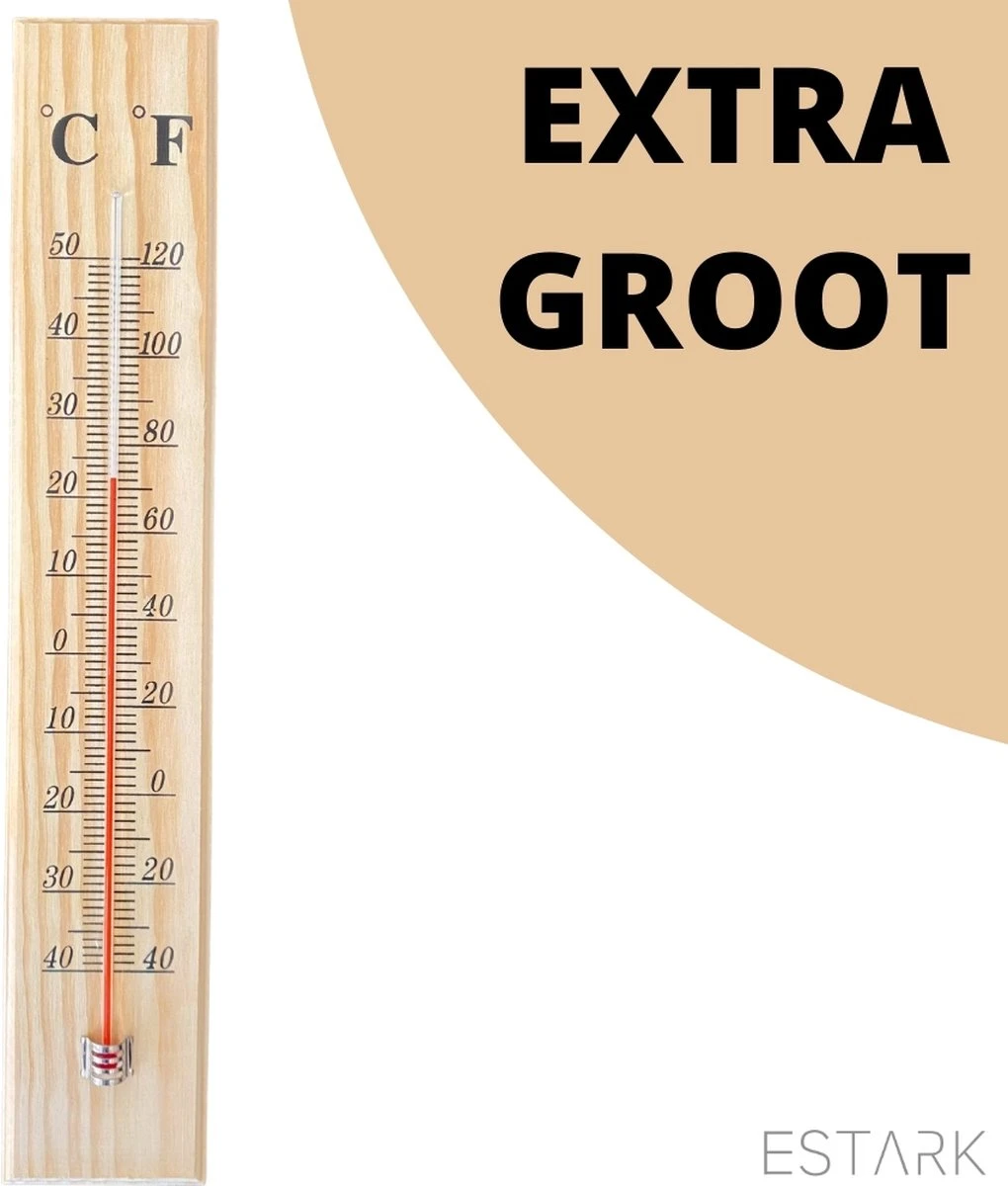 ESTARK® Buitenthermometer EXTRA GROOT - 40 X 7 CM - Binnenthermometer - Metalen Binnen Buiten Thermometer - Thermometer Voor Aan Muur Gevel - Kwik - Draadloos - Min/Max - Muurthermometer - Kozijnthermometer - Temperatuurmeter - Thermometer Hout (H40)