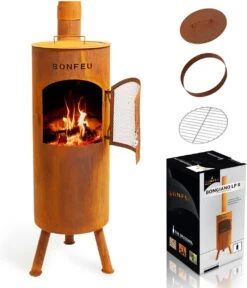 BonFeu Bongiano LP Roest Tuinhaard - L 30 X B 30 X H 153 Cm - Cortenstaal - Bruin - Tuinhaard - Terrasverwarming - Terrasverwarmers - Tuinkachel - Terraskachel - Houtkachel - Kachels