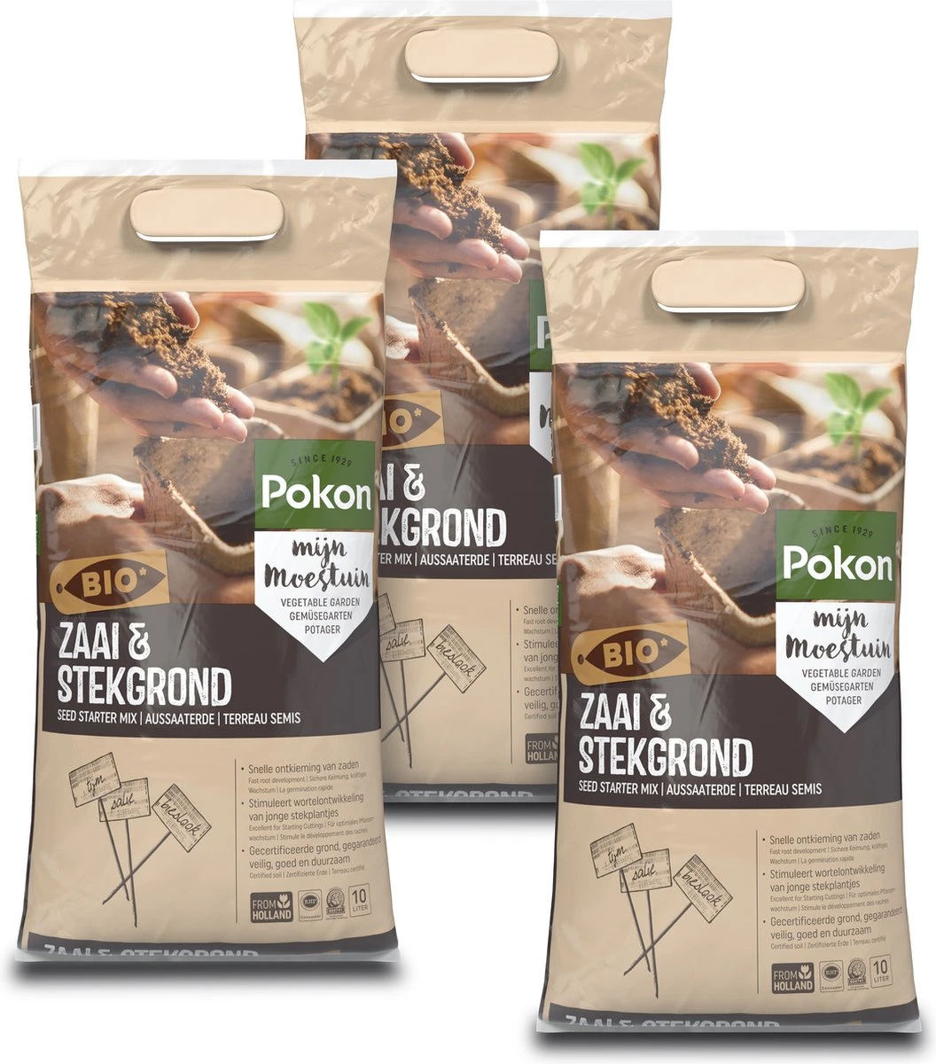Pokon Bio Zaai- En Stekgrond - 3x10l - Potgrond (biologisch) - Stimuleert Wortelontwikkeling