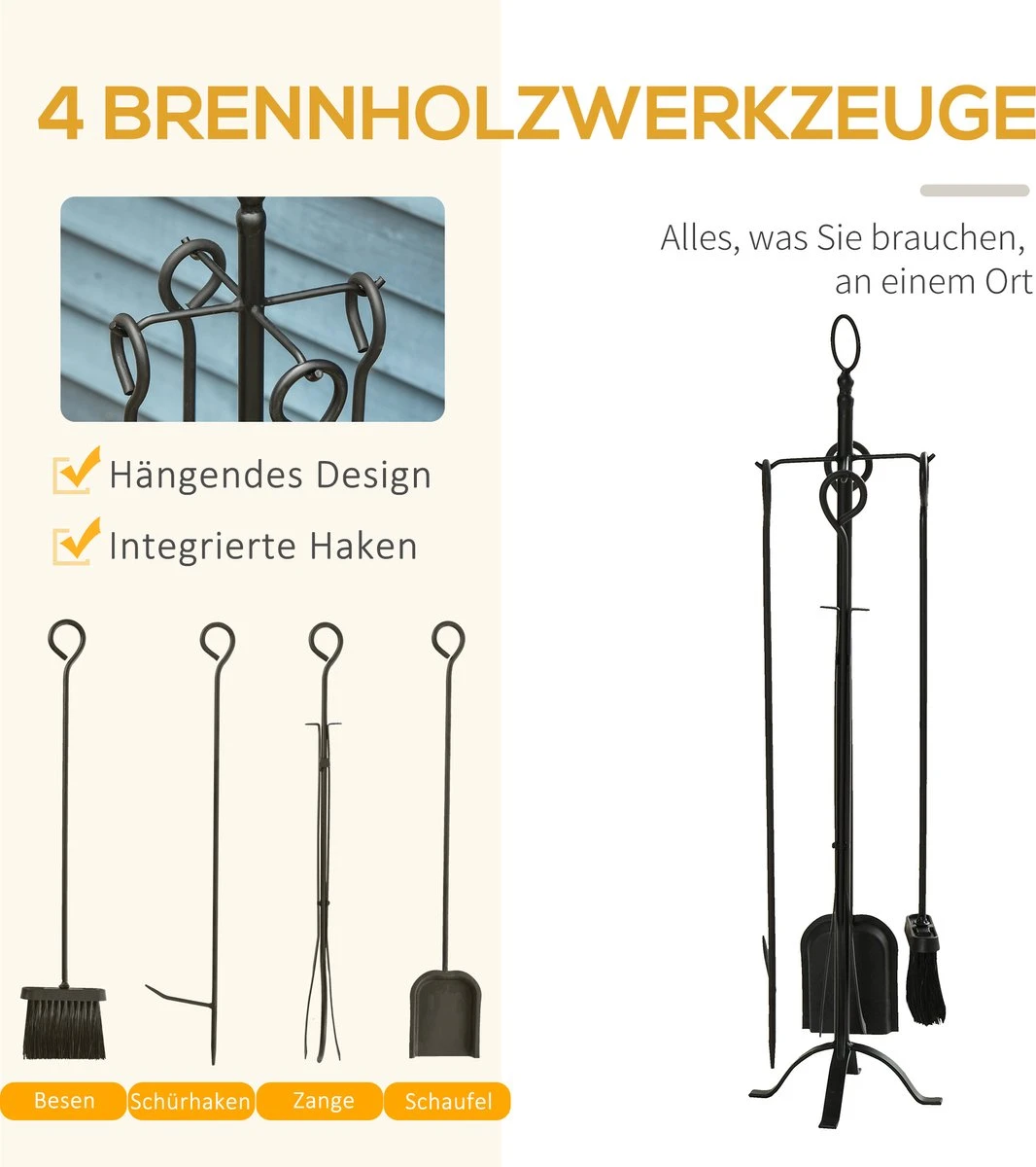 Outsunny Haardset 5-delige Haardset, Bestaande Uit Borstel, Schep, Tang, Pook En Houder 842-201 - Afbeelding 2