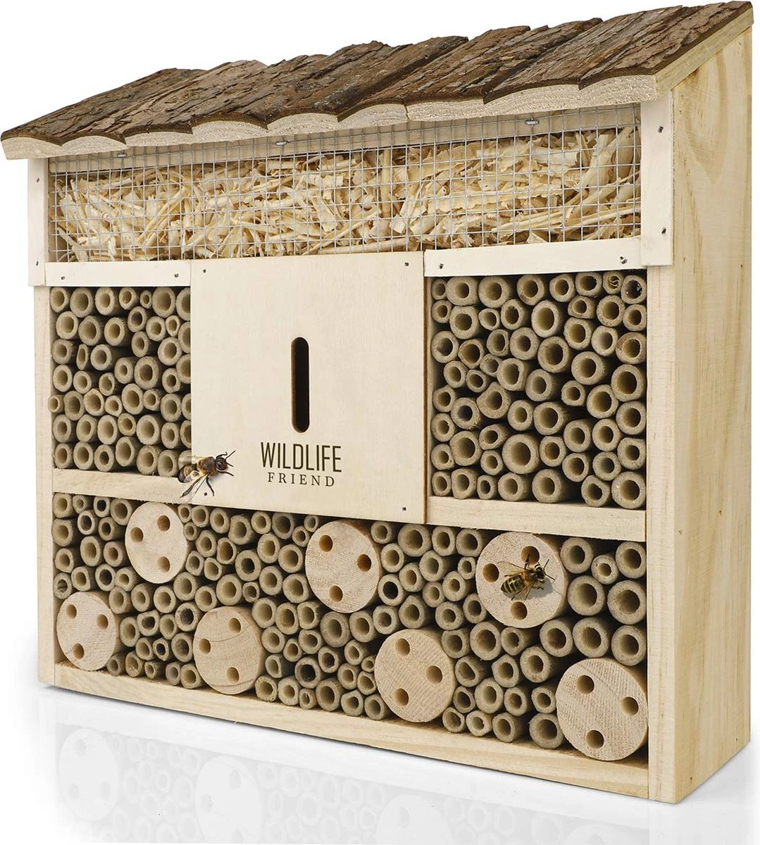 WILDLIFE FRIEND I Bijenhotel Insectenhotel 29,5 X 28 X 10 Cm Met Houten Dak - Onbehandeld, Massief Houten Bijenhuis Voor Bijen, Lieveheersbeestjes & Vliegen, Insectenhuis & Nesthulp Om Op Te Hangen