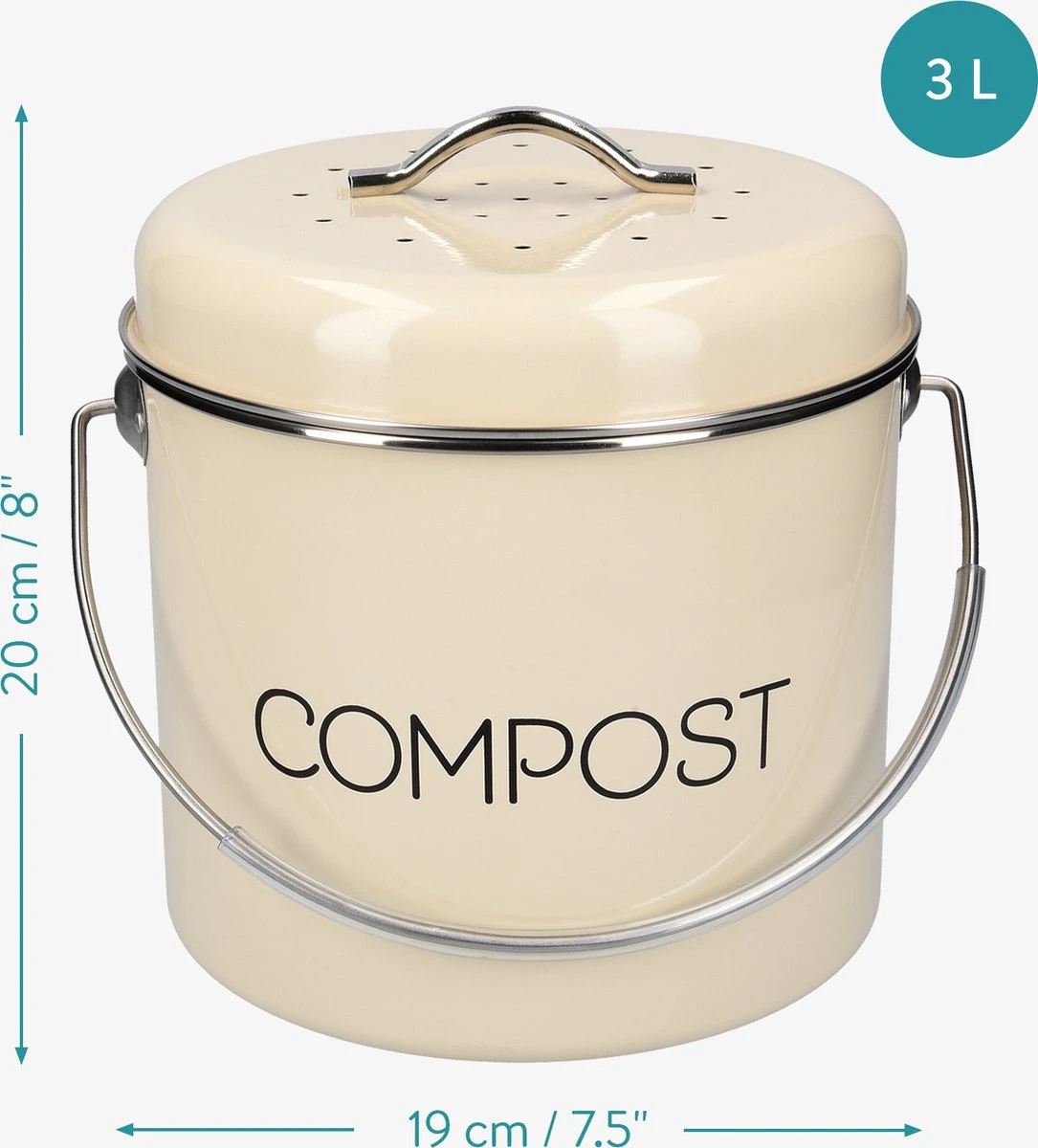 Navaris Metalen Compostbak 3L - Afvalbakje Met 3x Filter Tegen Vieze Geuren - Prullenbak Met Deksel Voor Gft-afval - Compostemmer Keuken - Crème - Afbeelding 7