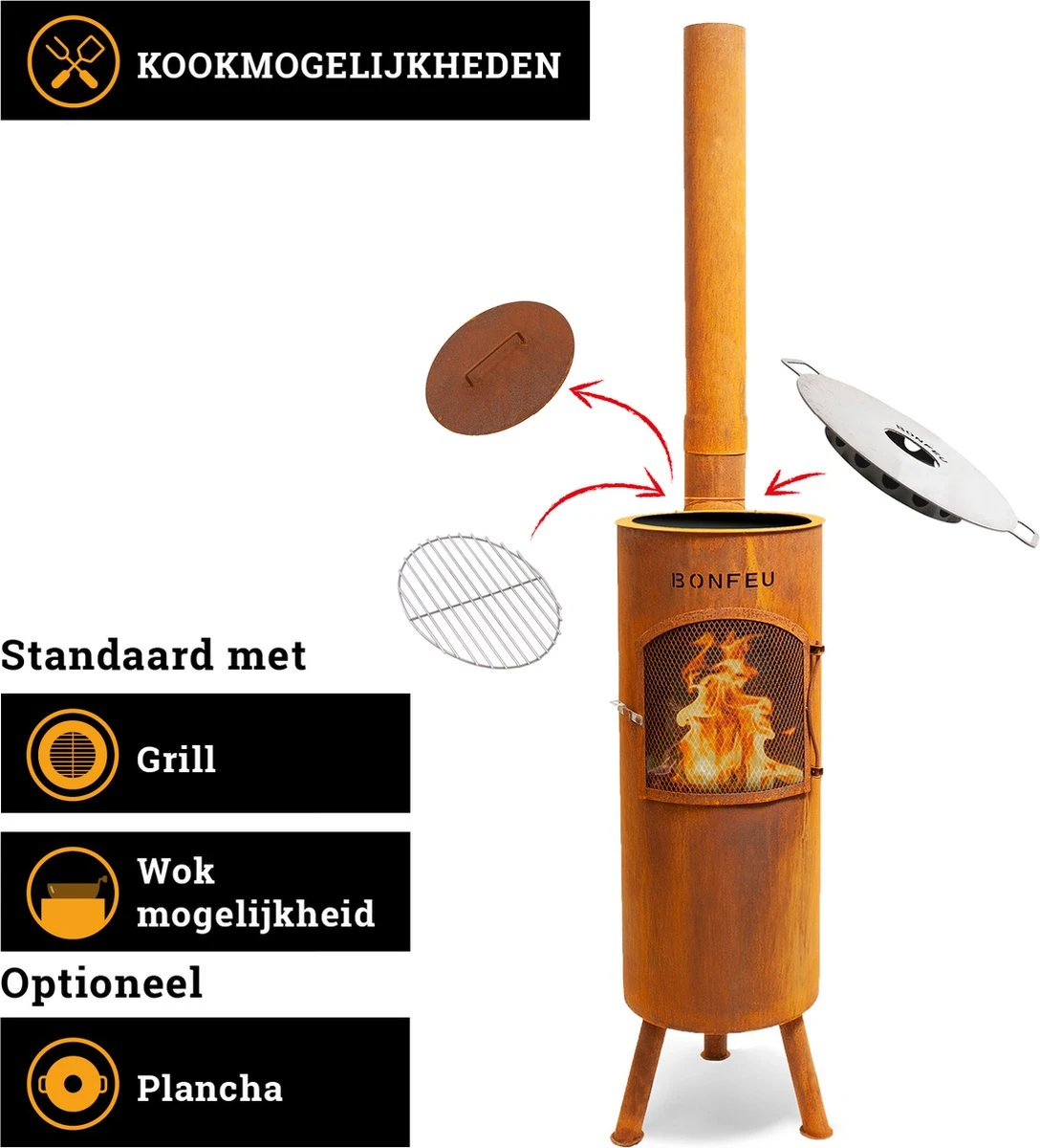 BonFeu Bongiano LP Roest Tuinhaard - L 30 X B 30 X H 153 Cm - Cortenstaal - Bruin - Tuinhaard - Terrasverwarming - Terrasverwarmers - Tuinkachel - Terraskachel - Houtkachel - Kachels - Afbeelding 2