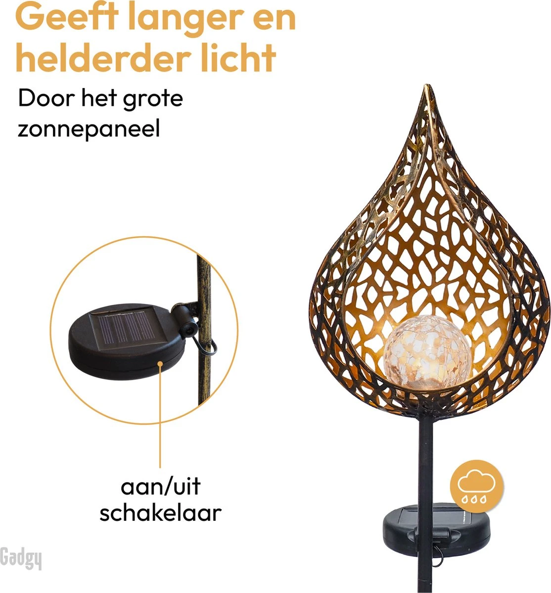 Gadgy Solar Tuinfakkel Druppel Met Grondspies - Solar Tuinverlichting Set Van 2 St. - Tuinsteker 90CM Hoog - Tuinverlichting Op Zonneenergie Buiten - Led Buitenverlichting Met Sensor - Koperkleurig Metaal - Afbeelding 8