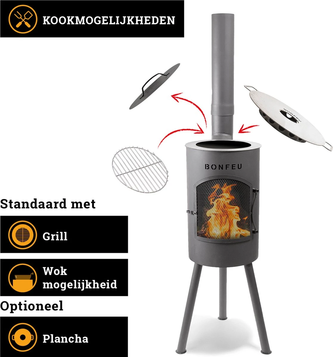 BonFeu Bongiano SP Zwart Tuinhaard - L 30 X B 30 X H 142 Cm - Staal - Zwart - Tuinhaard - Terrasverwarming - Terrasverwarmers - Tuinkachel - Terraskachel - Houtkachel - Kachels - Afbeelding 2