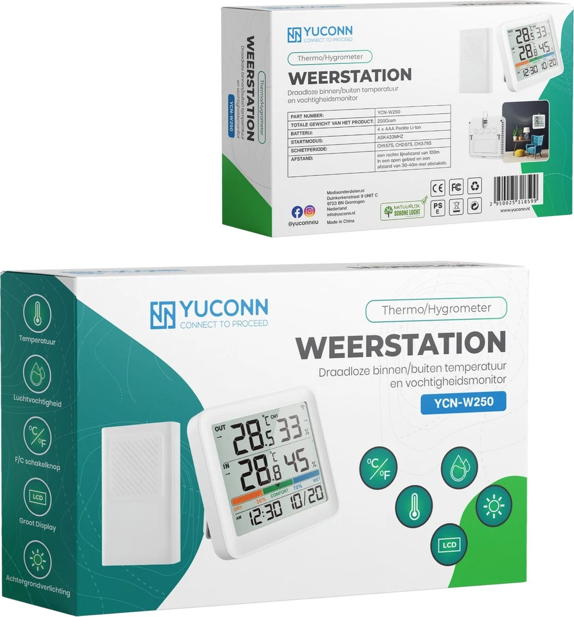 YUCONN Weerstation Hygrometer - Luchtvochtigheidsmeter - Binnen En Buiten - Draadloos Met Buitensensor - Digitaal - Wit - Afbeelding 6
