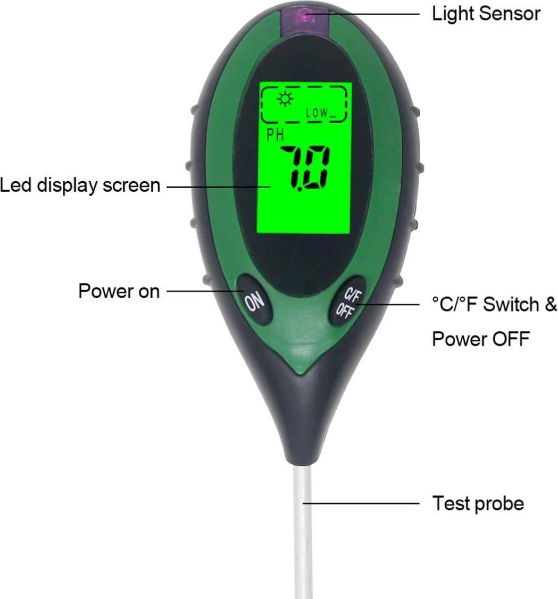 Vochtmeter Planten - 4 In 1 - Vochtmeter - Watermeter - PH-meter - Vochtigheidsmeter Planten - Grondmeter - Watermeter Voor Kamerplanten- Groen - Incl. Batterij - Afbeelding 2