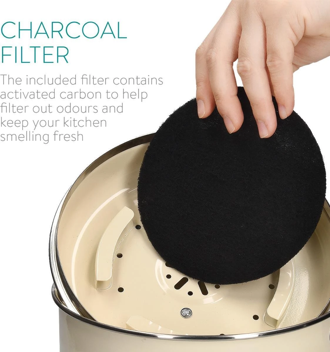 Navaris Metalen Compostbak 3L - Afvalbakje Met 3x Filter Tegen Vieze Geuren - Prullenbak Met Deksel Voor Gft-afval - Compostemmer Keuken - Crème - Afbeelding 2