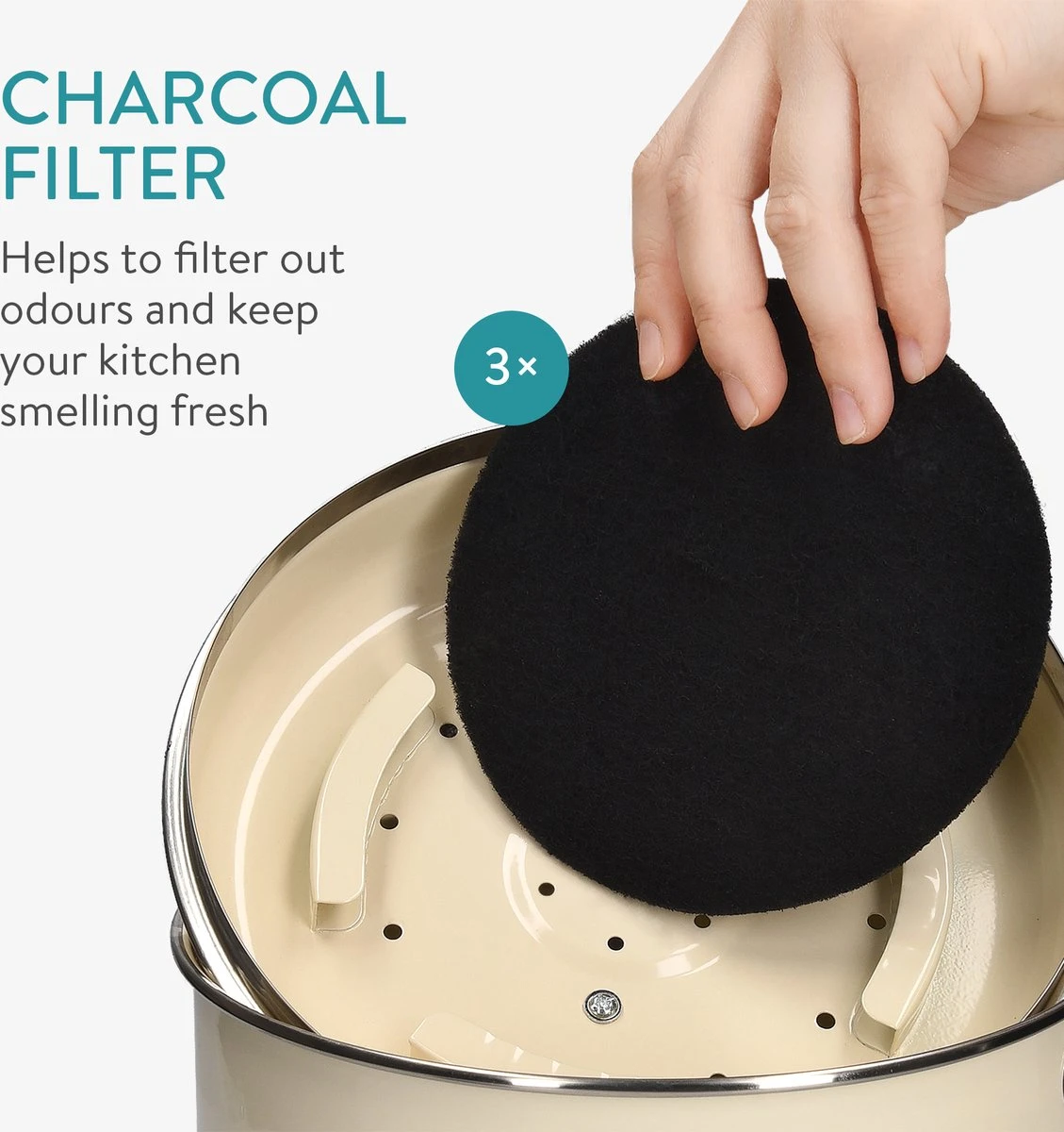 Navaris Metalen Compostbak 3L - Afvalbakje Met 3x Filter Tegen Vieze Geuren - Prullenbak Met Deksel Voor Gft-afval - Compostemmer Keuken - Crème - Afbeelding 10