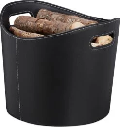 Relaxdays 1x Houtmand Kunstleer - Haardhout Mand Zwart - Opbergmand - Haardmand