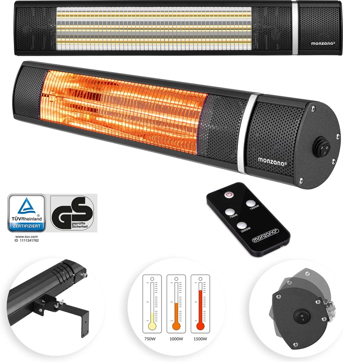 Monzana Infraroodstraler 2000W - 3 Standen Afstandsbediening – Zwart - Afbeelding 9
