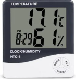Merkloos Digitale Thermometer + Hygrometer Binnen En Buiten Met Geheugen + Klok Met Wekker, Alarm, Temperatuur, Datum, Display – Op Batterij, Voor Slaapkamer, Badkamer