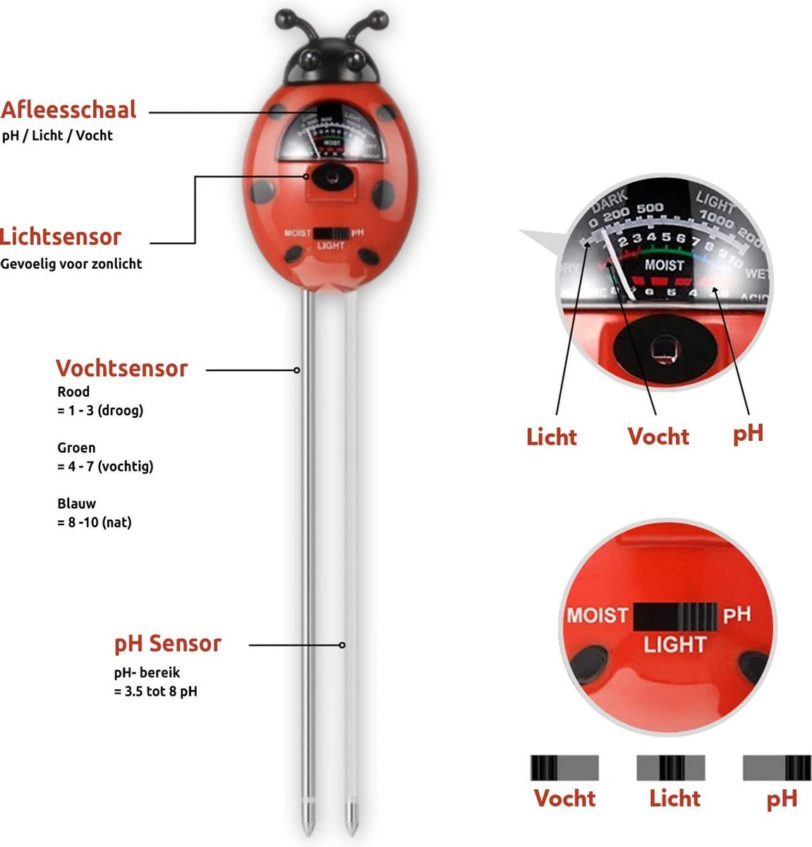 Vochtmeter Planten - 3 In 1 - Vochtigheidsmeter - PH En Lichtmeter - Hygrometer - Binnen En Buiten Grondmeter - Lieveheersbeestje - Afbeelding 6