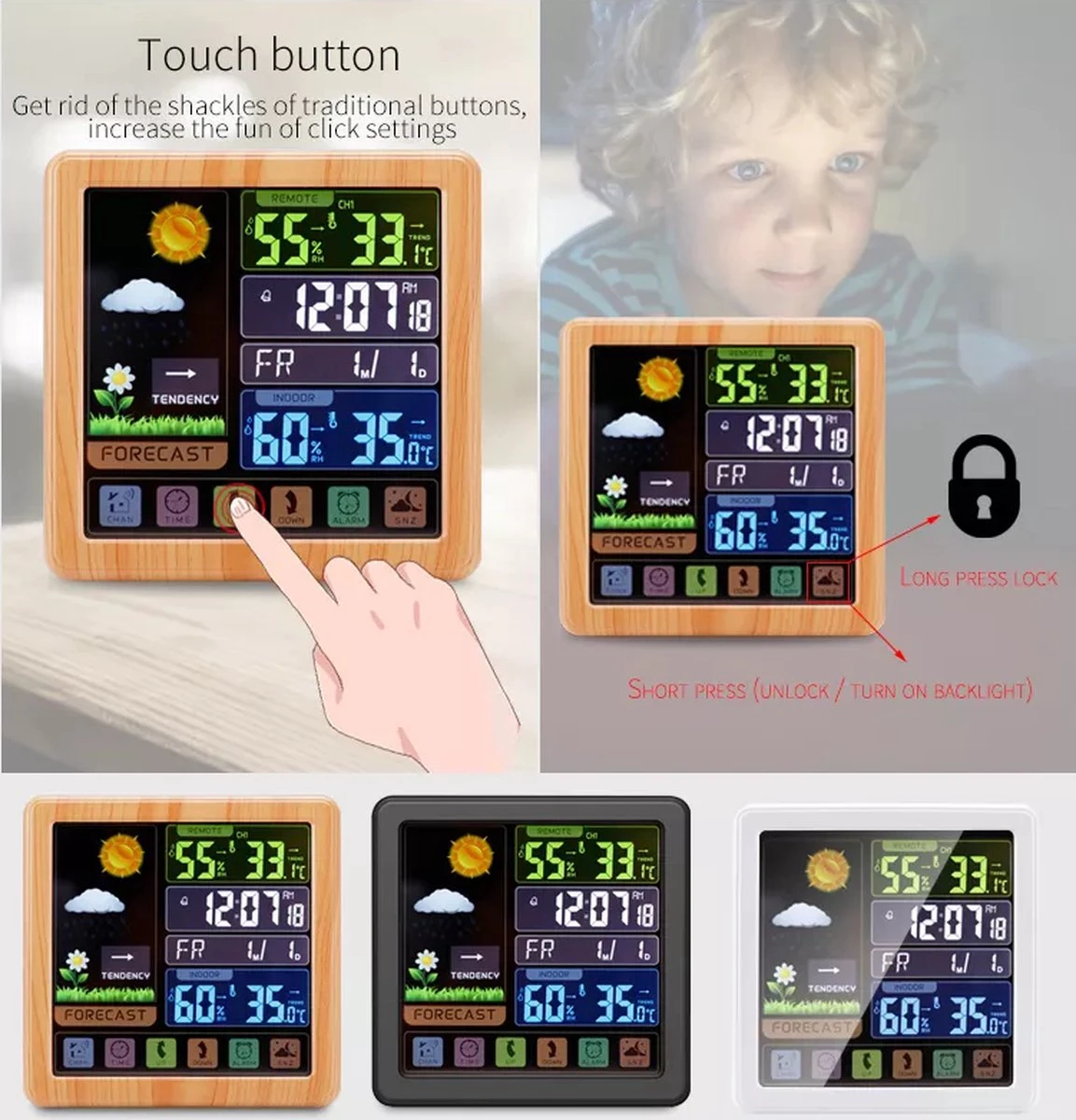 Diamond Weather Weerstation - Draadloos - Binnen En Buiten - Met Sensor Voor Buiten - 100M Bereik - Touchscreen - Met Usb-lader Voor Opladen- Houtskleur - Afbeelding 5