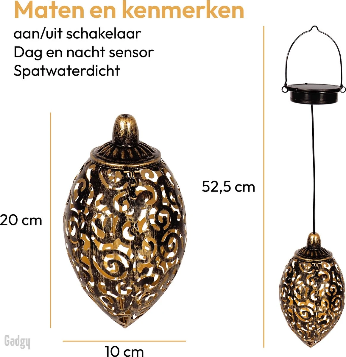 Gadgy Solar Hangende Oosterse Lantaarn 2st. - Solar Tuinverlichting Op Zonneenergie – Led Buitenverlichting Met Dag/Nacht Sensor - Tuinlantaarn - Brons - Metaal - Afbeelding 7