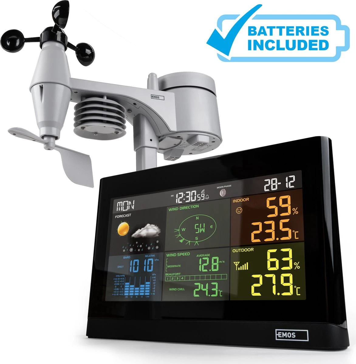 EMOS Weerstation Met Wind En Regenmeter, Draadloos Binnen- En Buitenweersysteem Met Kleurendisplay, Bewaakt Temperatuur, Luchtvochtigheid, Luchtdruk, Comfort & Hitte-index, 12-24 Uursvoorspelling, Inc. Batterijen