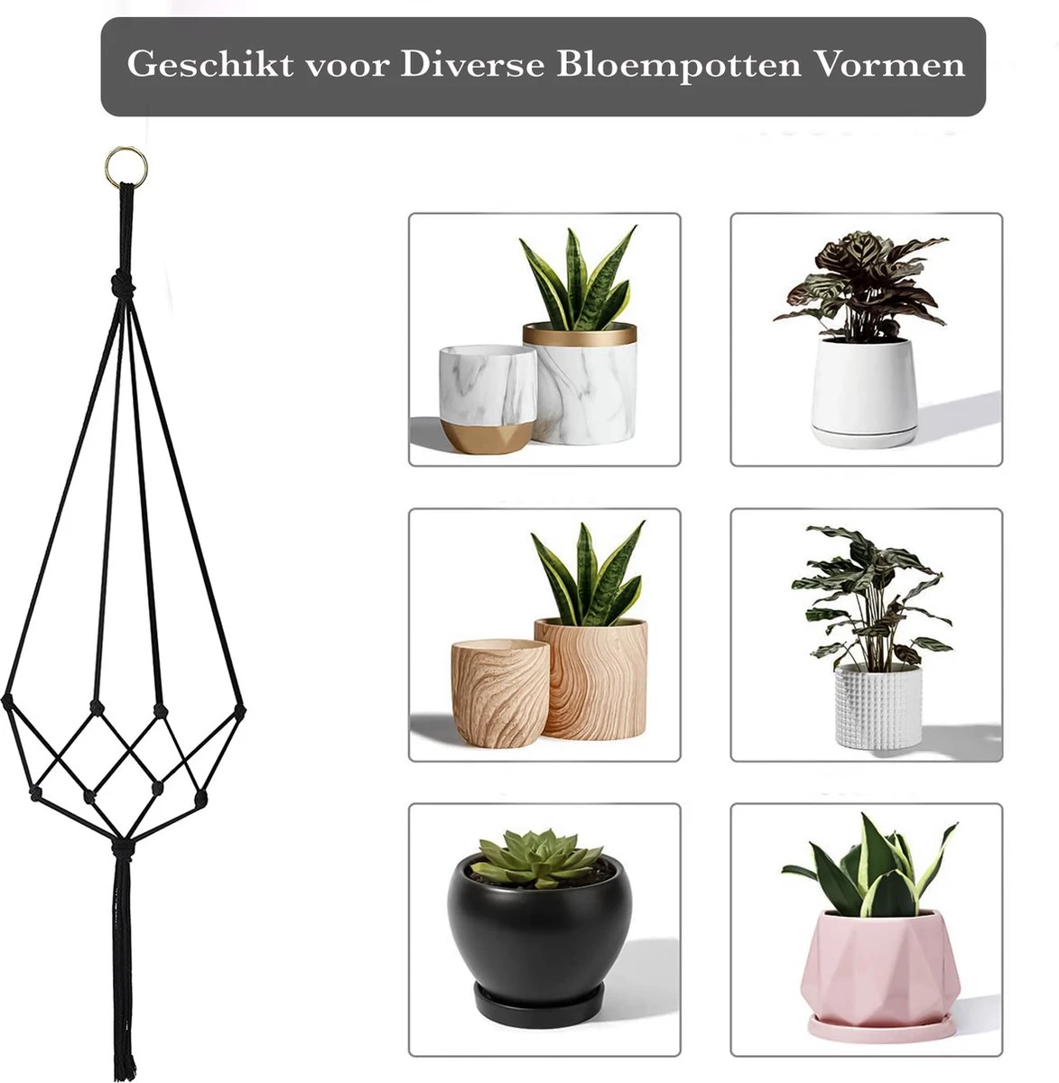 9 Stuks Zwart Macrame Plantenhangers - Boho Handgeweven Katoen Hangpot Voor Binnen/Buiten - Hangende Bloempot Met Kralen - Macramé Touw/Koord Hangplant Houder - Bohemian Wandhanger Decoratie - Plant Hanger - Verticale Tuin Bloempothouder Planthanger - Afbeelding 5
