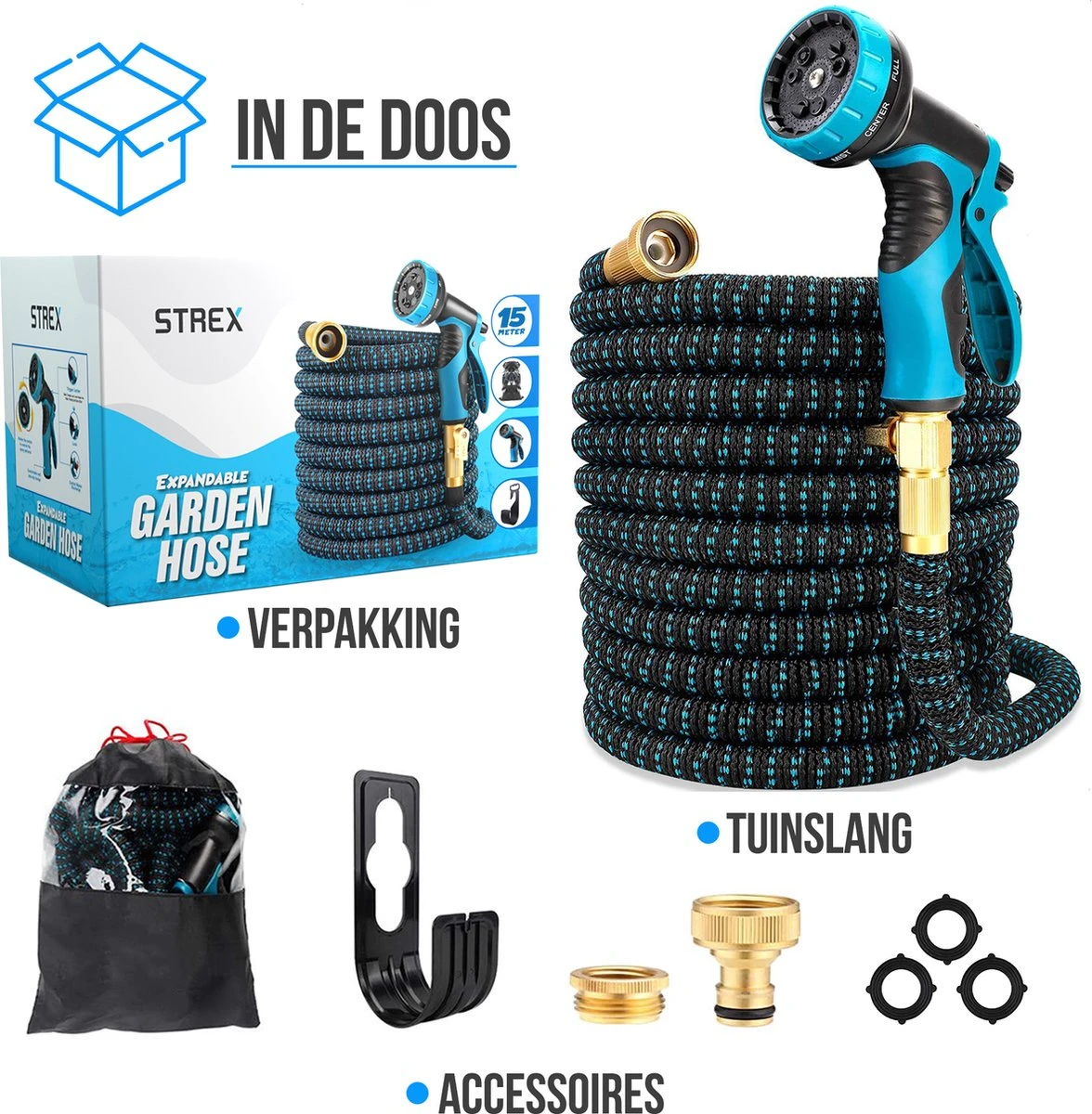 Strex Flexibele Tuinslang 15M Met Sproeikop - Uitrekbaar - Incl. Koppelingen, Ophanghaak & Opbergzak - Afbeelding 8