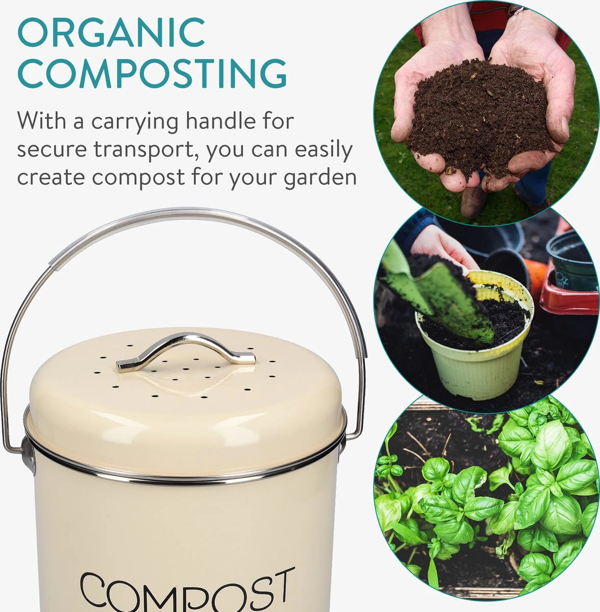 Navaris Metalen Compostbak 3L - Afvalbakje Met 3x Filter Tegen Vieze Geuren - Prullenbak Met Deksel Voor Gft-afval - Compostemmer Keuken - Crème - Afbeelding 5