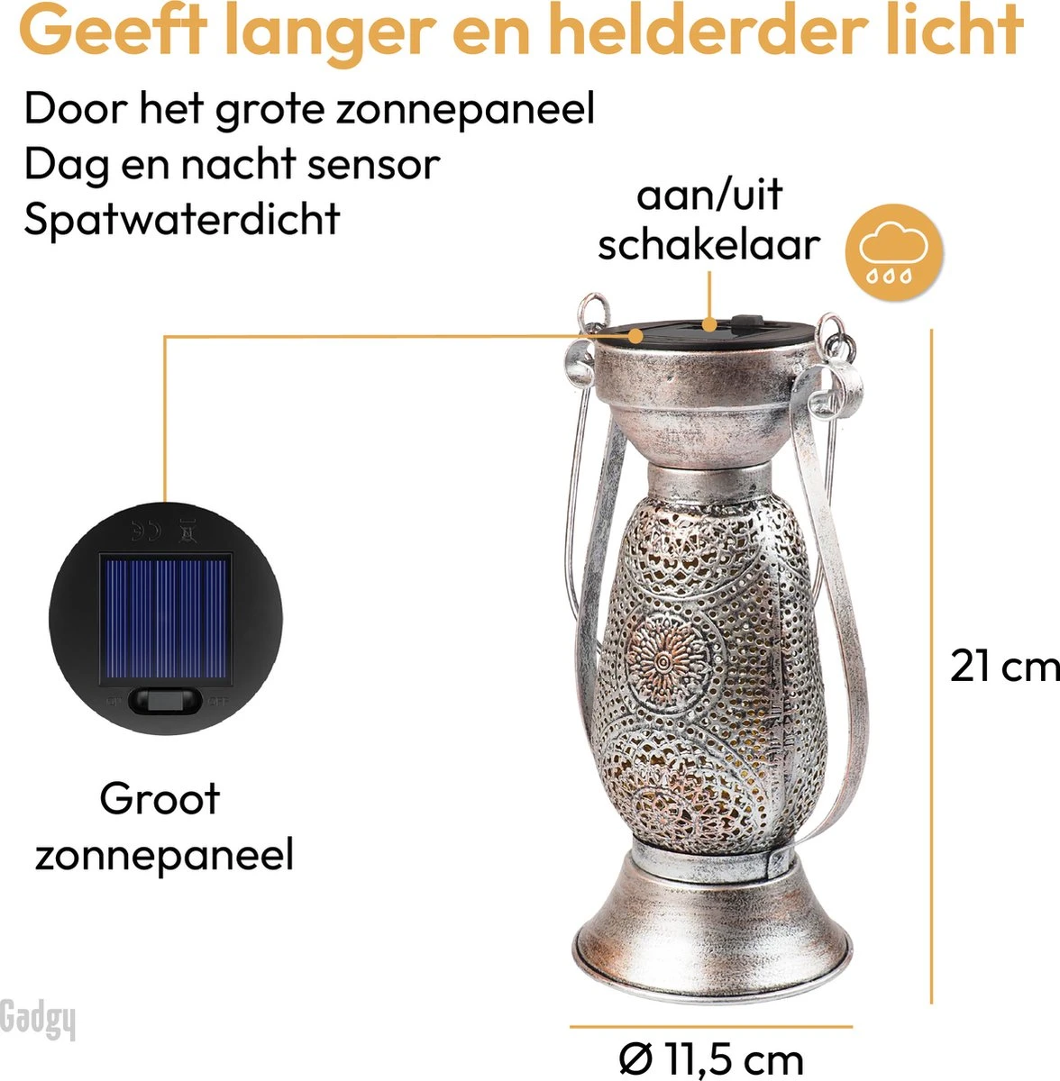 Gadgy Solar Tafellamp Petroleum - Olielamp Tuinlantaarn Set Van 2 - Solar Tuinverlichting Op Zonneenergie - Led Buitenverlichting Met Dag/nacht Sensor - Hanglamp - 21 X Ø11.5 Cm - Metaal - Afbeelding 7