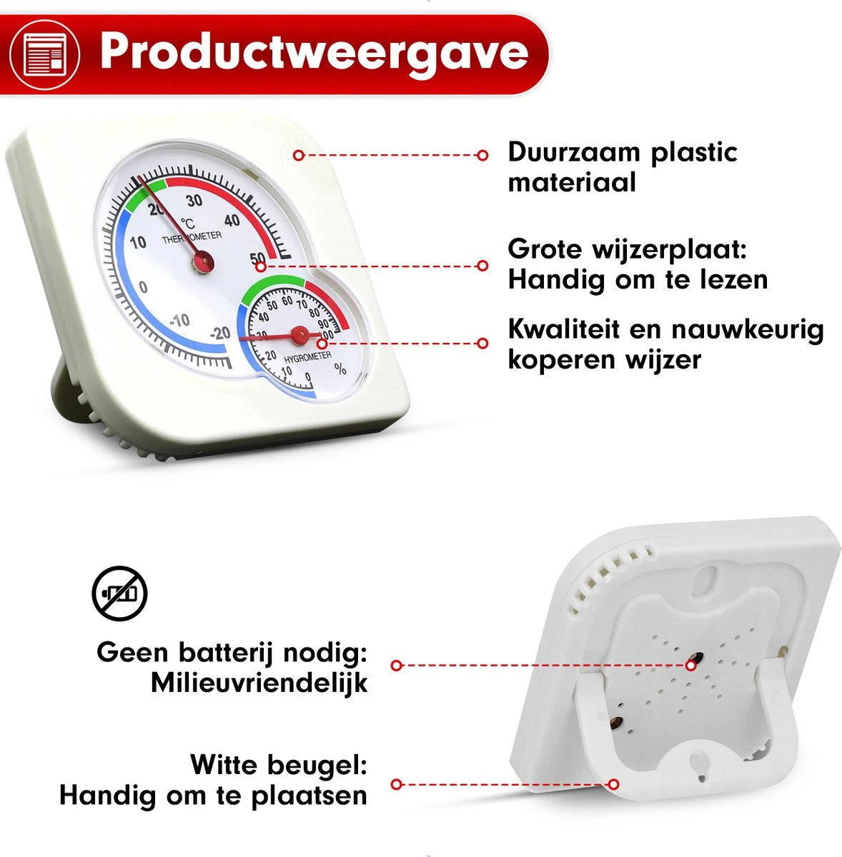 Professor Q - Thermometer/Hygrometer Analoog - Analoog Thermometer En Hygrometer In 1 - Binnen En Buiten – Wit - Afbeelding 2