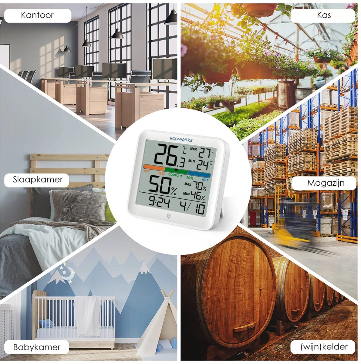 Ecoworks Hygrometer Met Achtergrondverlichting - Incl. Batterijen - Luchtvochtigheidsmeter - Digitaal Weerstation - Thermometer Voor Binnen - Afbeelding 8