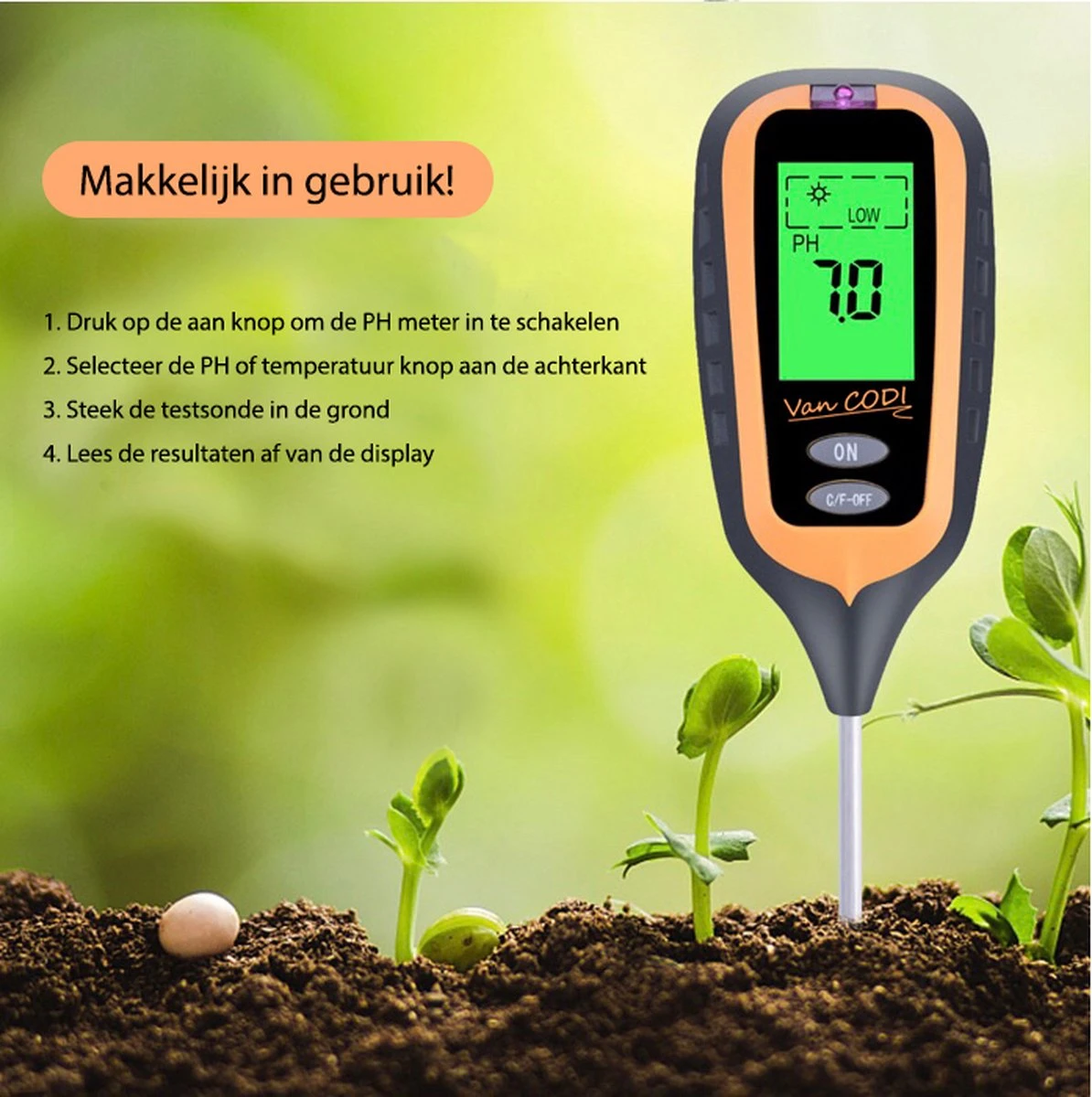 Van CODI® - PH Meter 4 In 1 - Grondmeter - Temperatuurmeter - Lichtmeter - Vochtmeter - Zuurtegraad - Planten - Tuin - Digitaal - Buitenthermometer - PH Meter - Afbeelding 2
