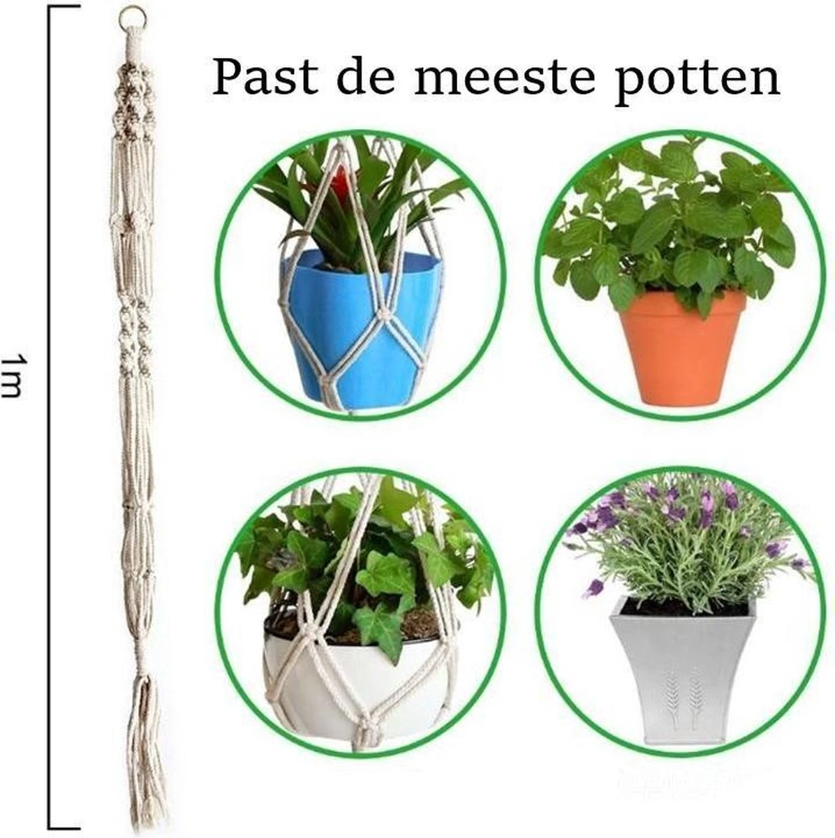 Merkloos Plantenhanger Macramé - Luxe Gevlochten Touw Katoen - 2 Stuks - Plantenpot Ophangen - Afbeelding 5