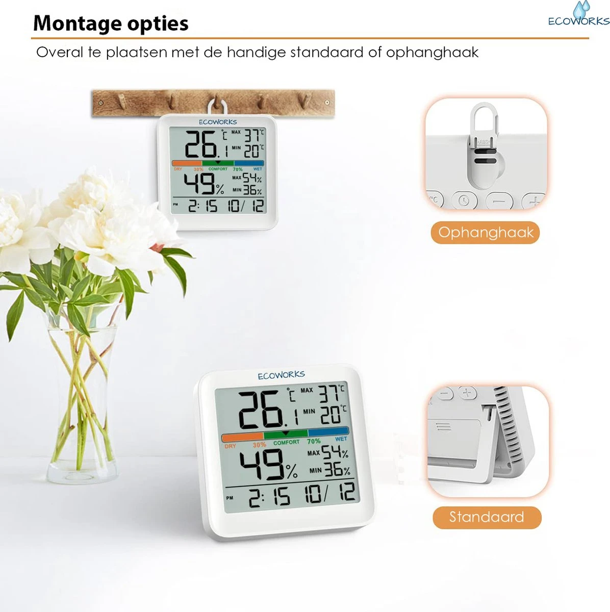 Ecoworks Hygrometer Met Achtergrondverlichting - Incl. Batterijen - Luchtvochtigheidsmeter - Digitaal Weerstation - Thermometer Voor Binnen - Afbeelding 3