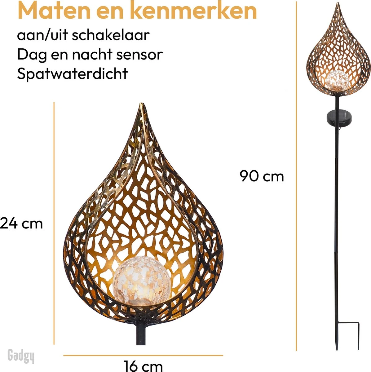 Gadgy Solar Tuinfakkel Druppel Met Grondspies - Solar Tuinverlichting Set Van 2 St. - Tuinsteker 90CM Hoog - Tuinverlichting Op Zonneenergie Buiten - Led Buitenverlichting Met Sensor - Koperkleurig Metaal - Afbeelding 7