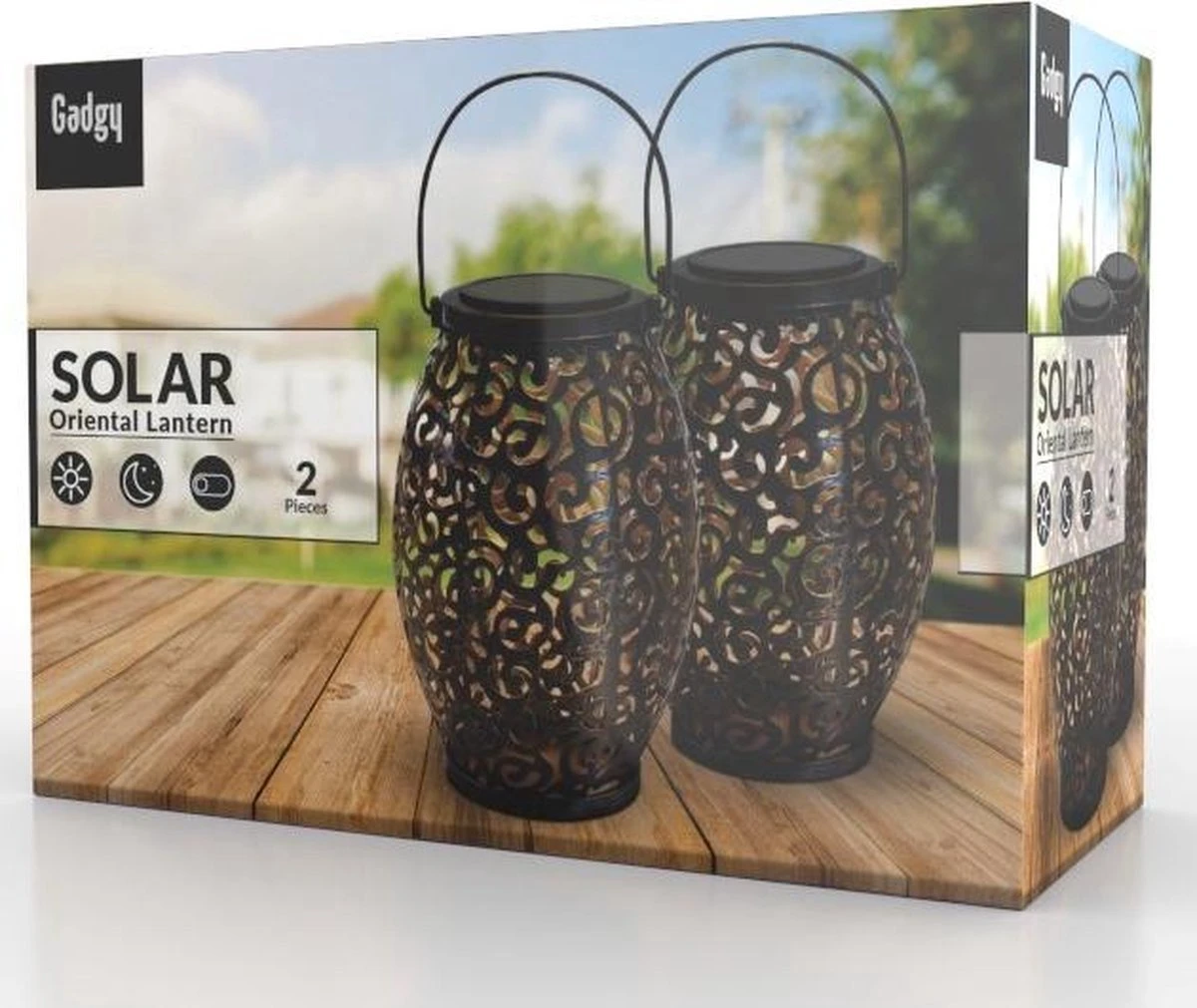 Gadgy Solar Oosterse Lantaarn - Tafellamp Set Van 2 – Solar Tuinverlichting Op Zonneenergie – Led Buitenverlichting Met Dag/Nacht Sensor - Hanglamp - Tuinlantaarn - 21.5 X Ø15CM - Brons - Metaal - Afbeelding 8