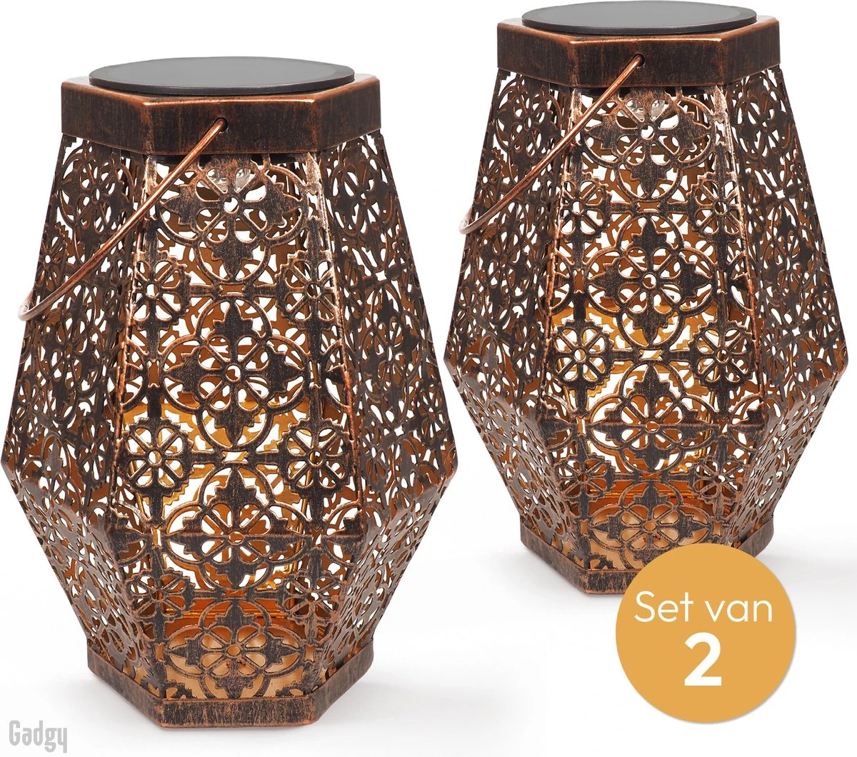 Gadgy Solar Lantaarn Hexagon - Tafellamp Set Van 2 - Tuinlantaarn In Koper Kleur - Solar Tuinverlichting Op Zonneenergie - Led Buitenverlichting Met Dag/nacht Sensor - Hanglamp - 20 X Ø 15 Cm - Metaal - Afbeelding 5