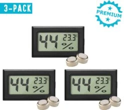 Qitch&Quisine - Hygro - Vochtmeter - Hygrometer - Hygrometer Met Batterijen - Zwart - Inclusief Thermometer - Digitale Luchtvochtigheidsmeter - Voor Binnen & Buiten - 2 In 1 - Set Van 3