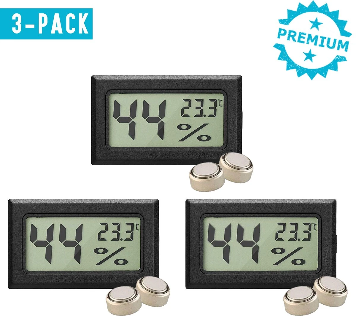 Qitch&Quisine - Hygro - Vochtmeter - Hygrometer - Hygrometer Met Batterijen - Zwart - Inclusief Thermometer - Digitale Luchtvochtigheidsmeter - Voor Binnen & Buiten - 2 In 1 - Set Van 3