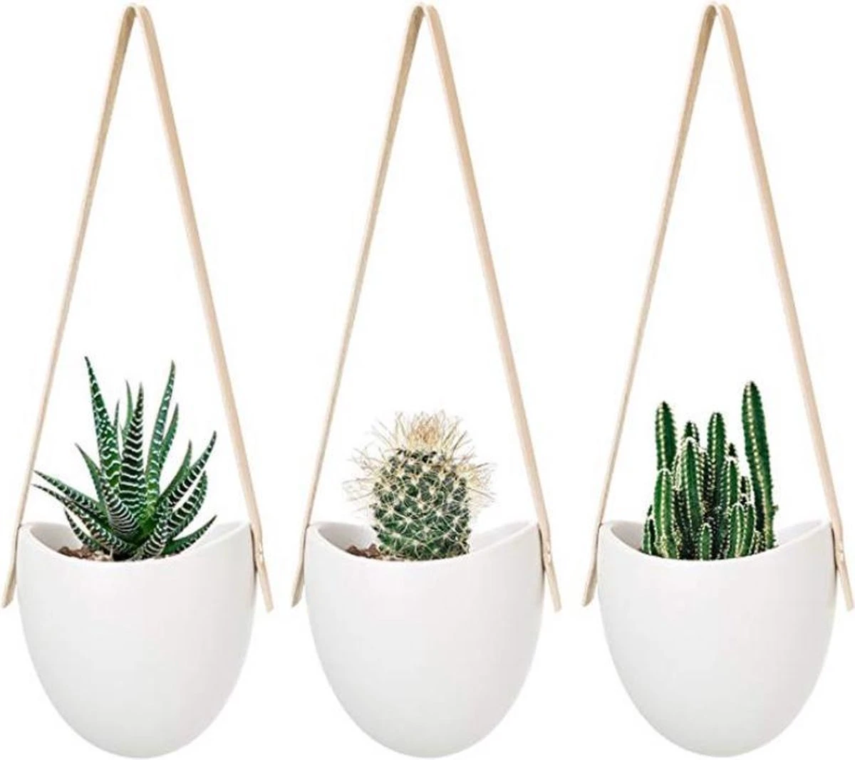 Merkloos Plantenhanger Keramiek – Set Van 3 – Steen- Hangpot – Hangende Bloempot Plantenpot Met 3 Verschillende Koorden – 12 X 11 X 9.5 Cm