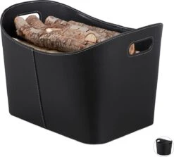 Relaxdays Houtmand Kunstleer - Haardhout Mand Zwart - Opbergmand - Haardmand - XL