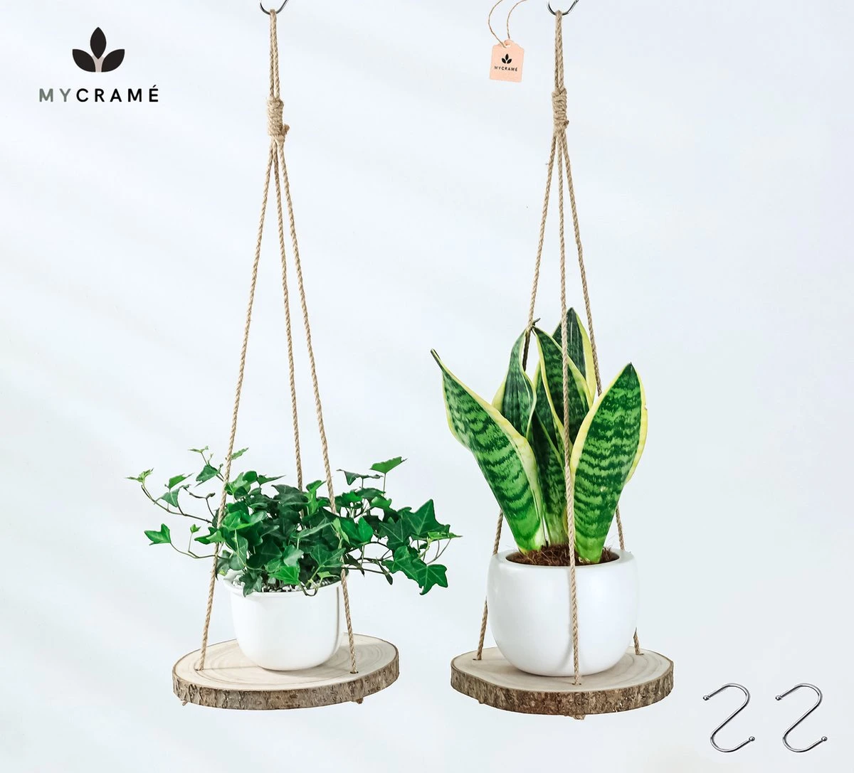 Set Van 2 Boomstam Rond Wandrek Plantenhangers - Boho Jute Houten Plantenrek - Hangpot Voor Binnen/Buiten - Hangende Bloempot Plank - Hangplant Houder - Bohemian Macrame Stijl Wandhanger - Hangplank Plant Hanger - Planthanger - Ø Rond 25-20cm - Afbeelding 2