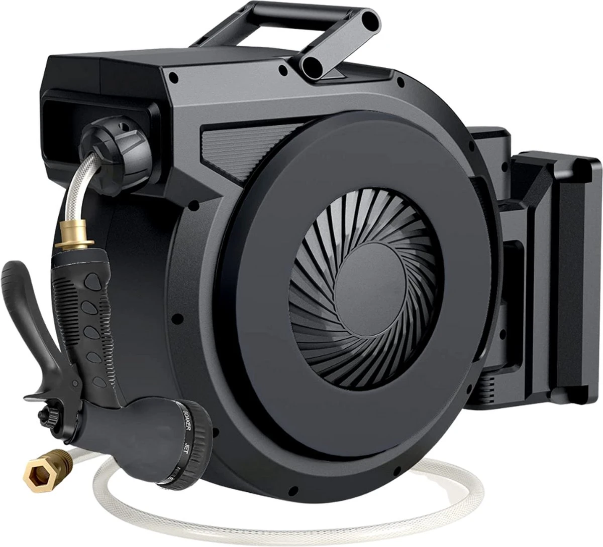 Buxibo - Wandslangenbox 20 Meter + 2 Meter - Tuinslang Met Haspel - 9 Sproei Standen - Slangenhouder 180° Draaibaar - Tuinslanghaspel Zwart+ Gratis Sproeier - Zwart