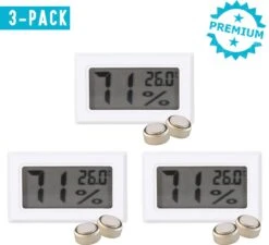 Qitch&Quisine - Hygro - Vochtmeter - Hygrometer - Hygrometer Met Batterijen - Wit - Inclusief Thermometer - Digitale Luchtvochtigheidsmeter - Voor Binnen & Buiten - 2 In 1 - Set Van 3