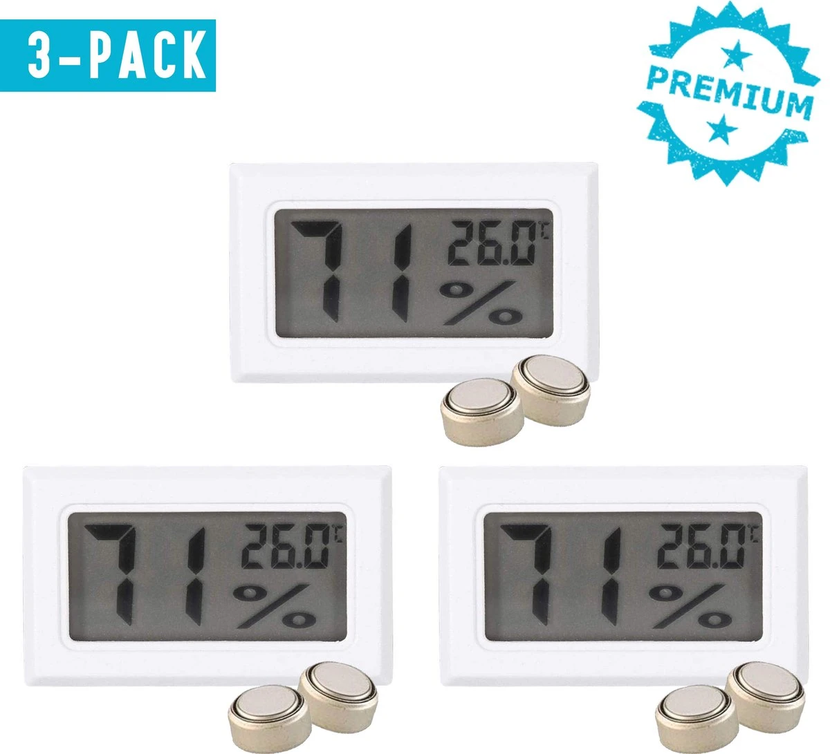 Qitch&Quisine - Hygro - Vochtmeter - Hygrometer - Hygrometer Met Batterijen - Wit - Inclusief Thermometer - Digitale Luchtvochtigheidsmeter - Voor Binnen & Buiten - 2 In 1 - Set Van 3