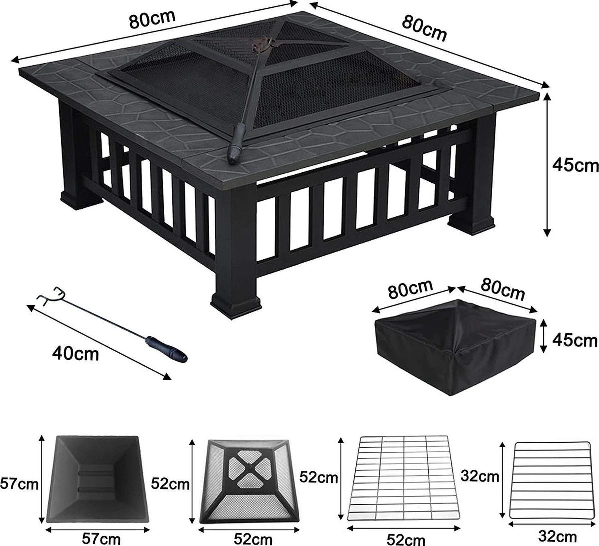 RJRQuality Vuurschaal 80 Cm BBQ Terrashaard Barbecue Vuurkorf Tuinhaard Met Vonkenscherm En Hoes - Afbeelding 10