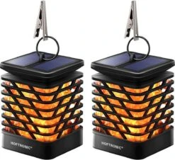HOFTRONIC 2 Stuks Tuinlantaarn Amelia - Solar Lantaarn Lampion Met Vlam Effect Kaarslamp Windlicht Zwart IP65 Waterdicht Solar Tafellamp Buiten En Hanglamp. Super Realistische Fakkellamp - Tuinverlichting Op Zonne Energie Buitenlamp