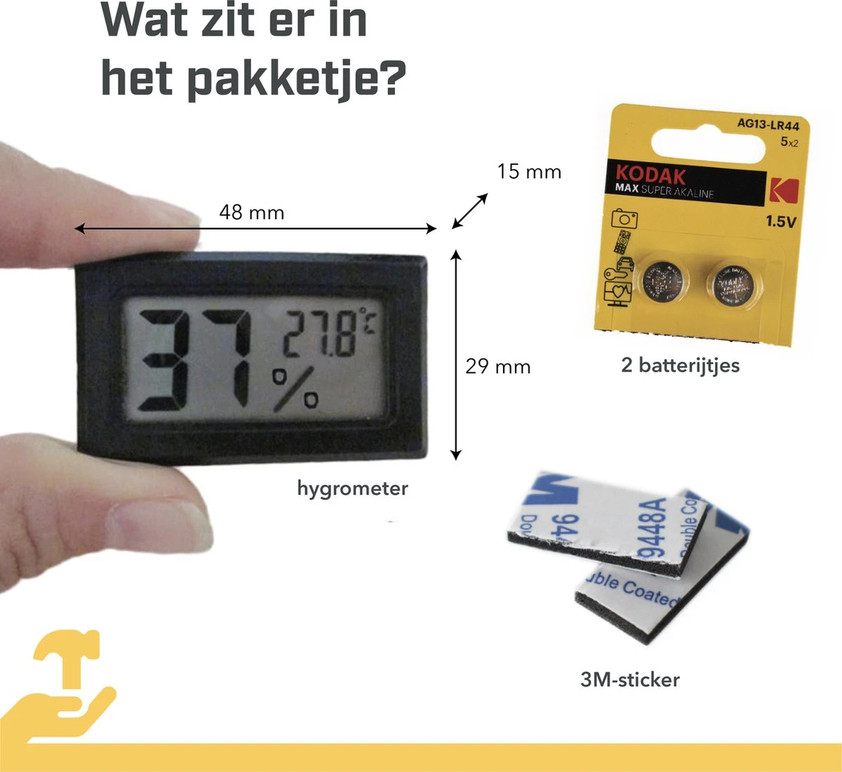 Tool Meister TM1 – Hygrometer & Thermometer - Binnen/Buiten/Koelkast – Digitaal - Zwart - Incl Batterijen - Afbeelding 2