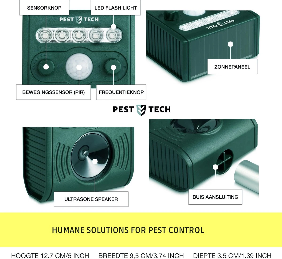 Pest-Tech PT-221 | Ultrasone Kattenverjager Op Zonneenergie | Kattenschrik | Marterverjager | Dierenverjager | Kattenafweermiddel | Ongedierte Verjager - Met USB Oplaadkabel - Afbeelding 3