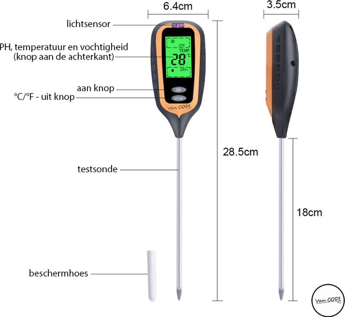 Van CODI® - PH Meter 4 In 1 - Grondmeter - Temperatuurmeter - Lichtmeter - Vochtmeter - Zuurtegraad - Planten - Tuin - Digitaal - Buitenthermometer - PH Meter - Afbeelding 6