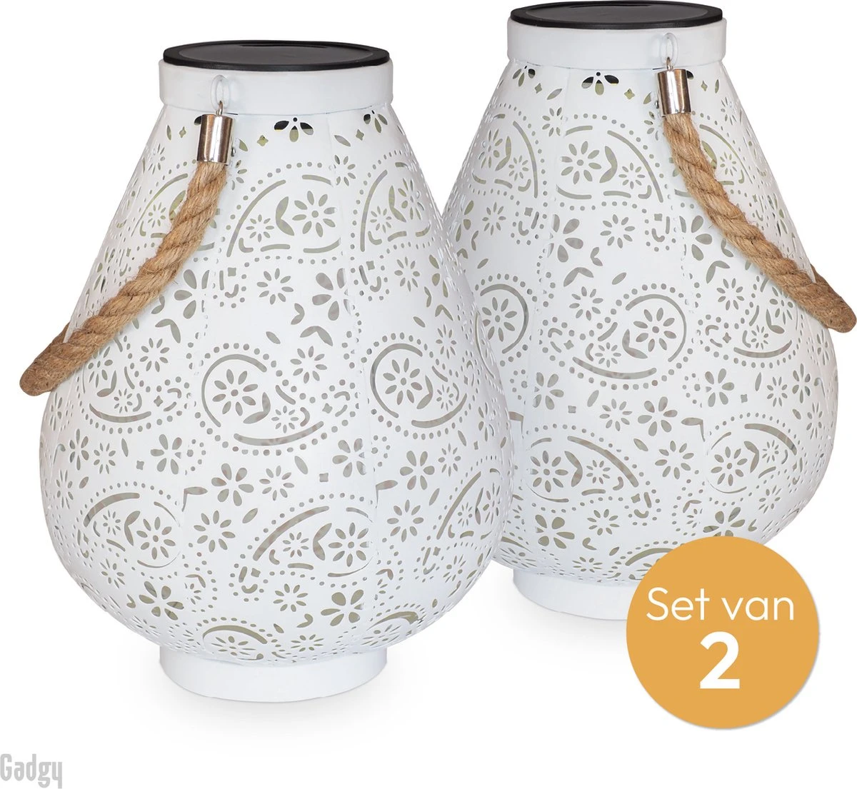 Gadgy Solar Lantaarn Mat Wit - Tafellamp Set Van 2 - Solar Tuinverlichting Op Zonneenergie - Led Buitenverlichting Met Dag/Nacht Sensor - Hanglamp - Tuinlantaarn - Metaal - 23 X Ø17.5CM - Afbeelding 8