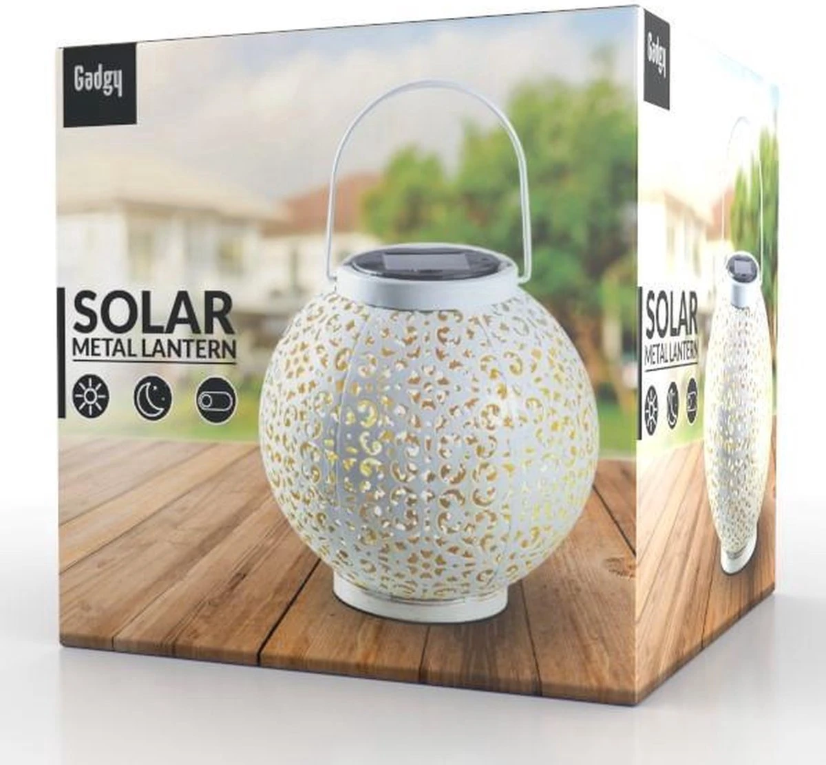 Gadgy Solar Lantaarn Rond Wit - Solar Tuinverlichting Op Zonneenergie - Led Buitenverlichting Met Dag/nacht Sensor - Tuinlantaarn - Hanglamp - Tafellamp Metaal - 20 X Ø17.5 Cm - Afbeelding 9