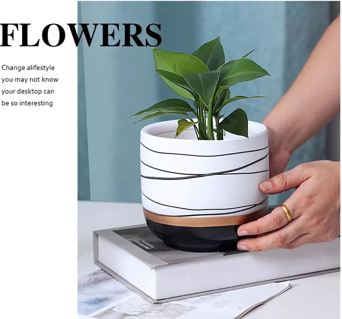 Bloempotten Binnen - Keramiek - Gouden Rand - Bloempot Buiten - Afvoergat 24 Cm - Wit Zwart – Groot - Afbeelding 6